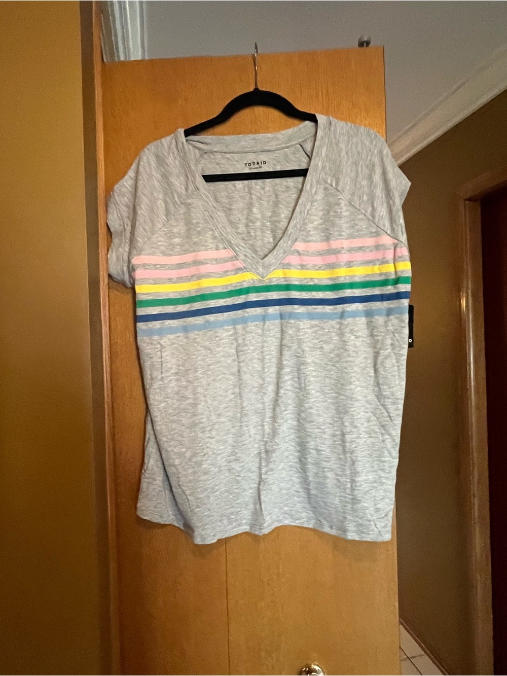 torrid Size 1 Light Gray V-Neck Tee with Pastel Rainbow Stripes like new